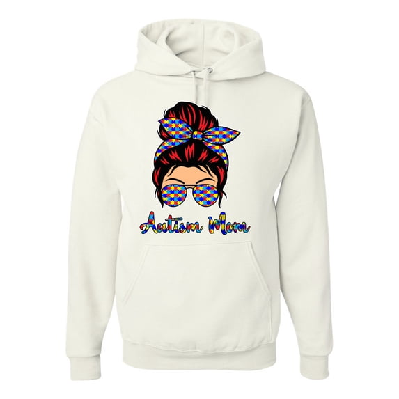 Autism Awareness Mom Life Messy Hair Bun | Cool Support Neon Print Bandana Mother's Day Unisex Graphic Hoodie Sweatshirt, White, 3X-Large