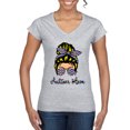 thumbnail image 1 of Autism Awareness Mom Life Messy Hair Bun | Cool Support Neon Print Bandana Mother's Day Women's Standard V-Neck Tee, Heather Grey, Large, 1 of 5