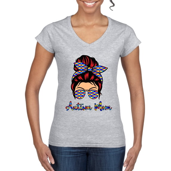 Autism Awareness Mom Life Messy Hair Bun | Cool Support Neon Print Bandana Mother's Day Women's Standard V-Neck Tee, Heather Grey, XX-Large