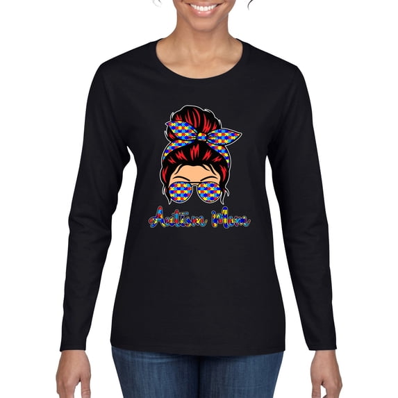 Autism Awareness Mom Life Messy Hair Bun | Cool Support Neon Print Bandana Mother's Day Womens Graphic Long Sleeve T-Shirt, Black, Small