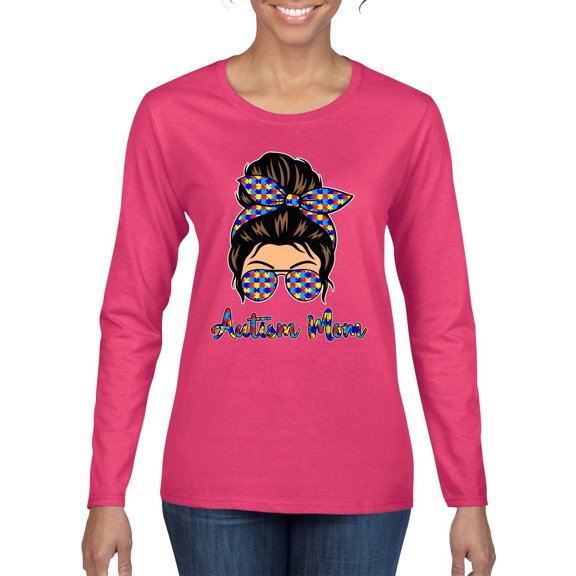 Autism Awareness Mom Life Messy Hair Bun | Cool Support Neon Print Bandana Mother's Day Womens Graphic Long Sleeve T-Shirt, Fuschia, Medium