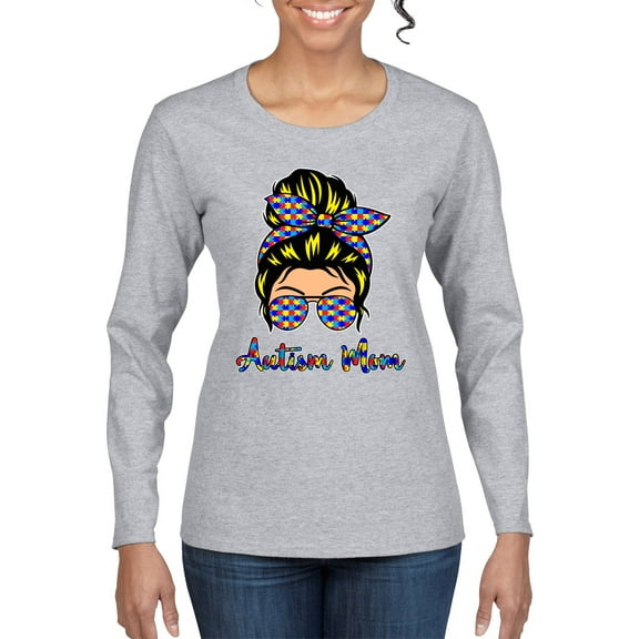 Autism Awareness Mom Life Messy Hair Bun | Cool Support Neon Print Bandana Mother's Day Womens Graphic Long Sleeve T-Shirt, Heather Grey, Large