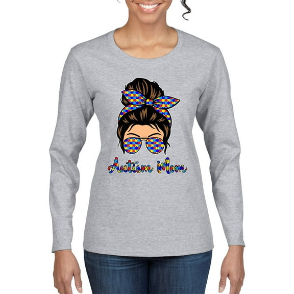 Autism Awareness Mom Life Messy Hair Bun | Cool Support Neon Print Bandana Mother's Day Womens Graphic Long Sleeve T-Shirt, Heather Grey, XX-Large