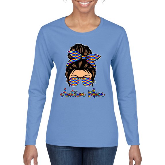 Autism Awareness Mom Life Messy Hair Bun | Cool Support Neon Print Bandana Mother's Day Womens Graphic Long Sleeve T-Shirt, Light Blue, XX-Large