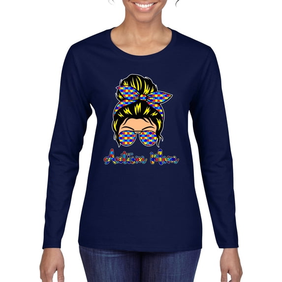 Autism Awareness Mom Life Messy Hair Bun | Cool Support Neon Print Bandana Mother's Day Womens Graphic Long Sleeve T-Shirt, Navy, Large