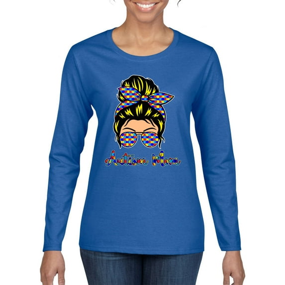 Autism Awareness Mom Life Messy Hair Bun | Cool Support Neon Print Bandana Mother's Day Womens Graphic Long Sleeve T-Shirt, Royal, Small