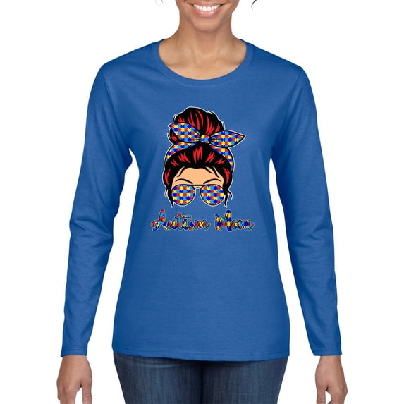 Autism Awareness Mom Life Messy Hair Bun | Cool Support Neon Print Bandana Mother's Day Womens Graphic Long Sleeve T-Shirt, Royal, XX-Large