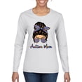 thumbnail image 1 of Autism Awareness Mom Life Messy Hair Bun | Cool Support Neon Print Bandana Mother's Day Womens Graphic Long Sleeve T-Shirt, White, XX-Large, 1 of 5