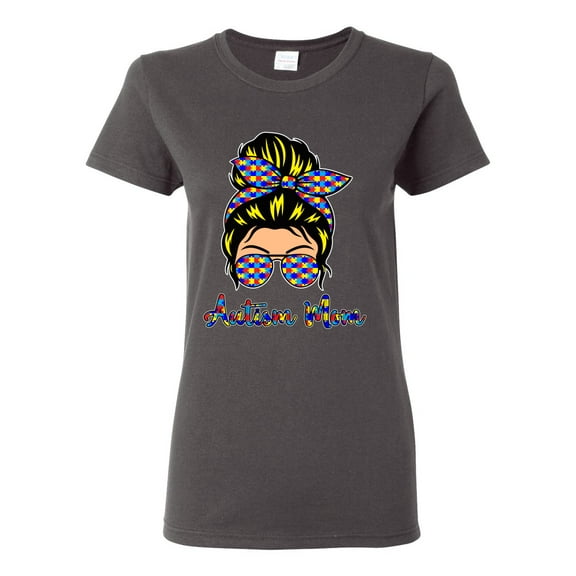 Autism Awareness Mom Life Messy Hair Bun | Cool Support Neon Print Bandana Mother's Day Womens Graphic T-Shirt, Charcoal, Small