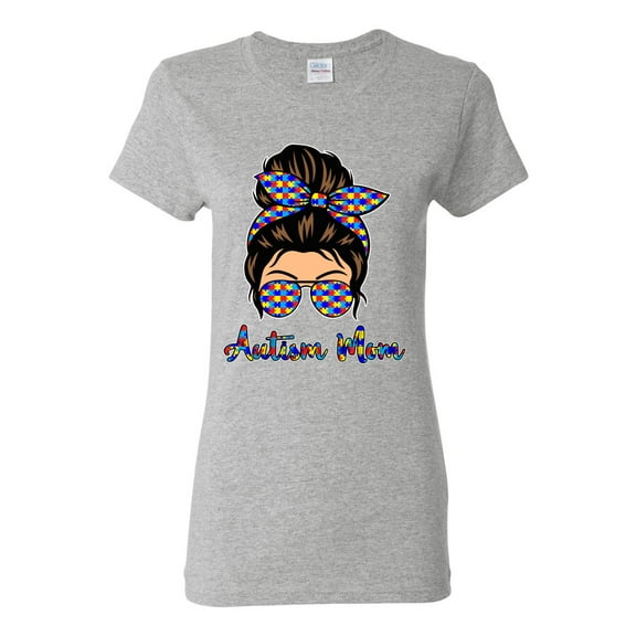 Autism Awareness Mom Life Messy Hair Bun | Cool Support Neon Print Bandana Mother's Day Womens Graphic T-Shirt, Heather Grey, X-Large