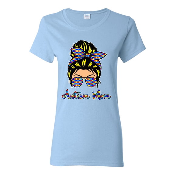 Autism Awareness Mom Life Messy Hair Bun | Cool Support Neon Print Bandana Mother's Day Womens Graphic T-Shirt, Light Blue, Medium