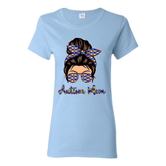Autism Awareness Mom Life Messy Hair Bun | Cool Support Neon Print Bandana Mother's Day Womens Graphic T-Shirt, Light Blue, XX-Large