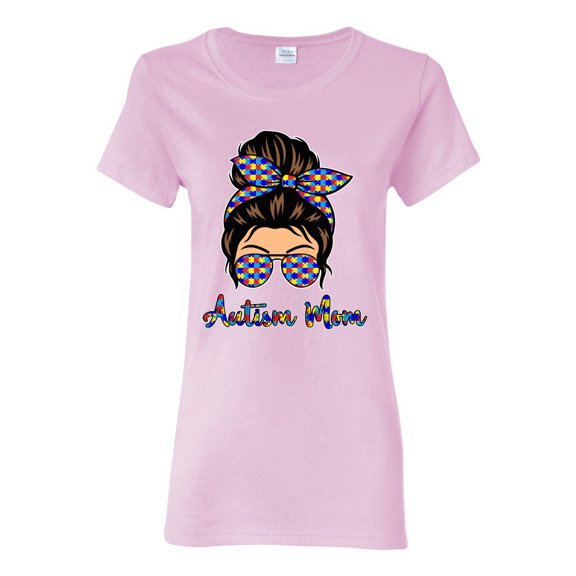 Autism Awareness Mom Life Messy Hair Bun | Cool Support Neon Print Bandana Mother's Day Womens Graphic T-Shirt, Light Pink, Medium