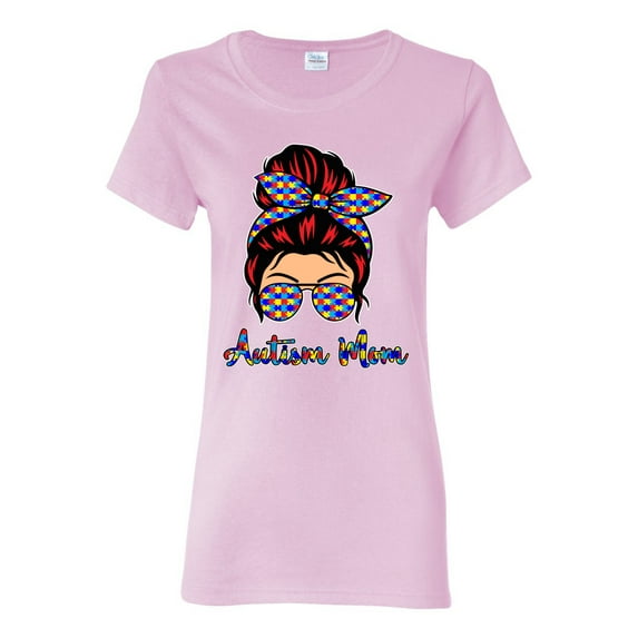 Autism Awareness Mom Life Messy Hair Bun | Cool Support Neon Print Bandana Mother's Day Womens Graphic T-Shirt, Light Pink, Small