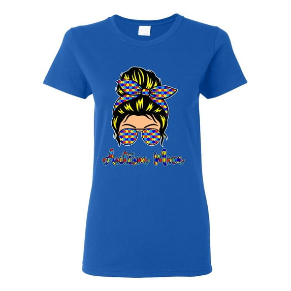 Autism Awareness Mom Life Messy Hair Bun | Cool Support Neon Print Bandana Mother's Day Womens Graphic T-Shirt, Royal, Small