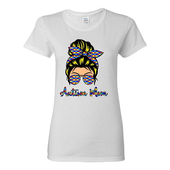 Autism Awareness Mom Life Messy Hair Bun | Cool Support Neon Print Bandana Mother's Day Womens Graphic T-Shirt, White, X-Large