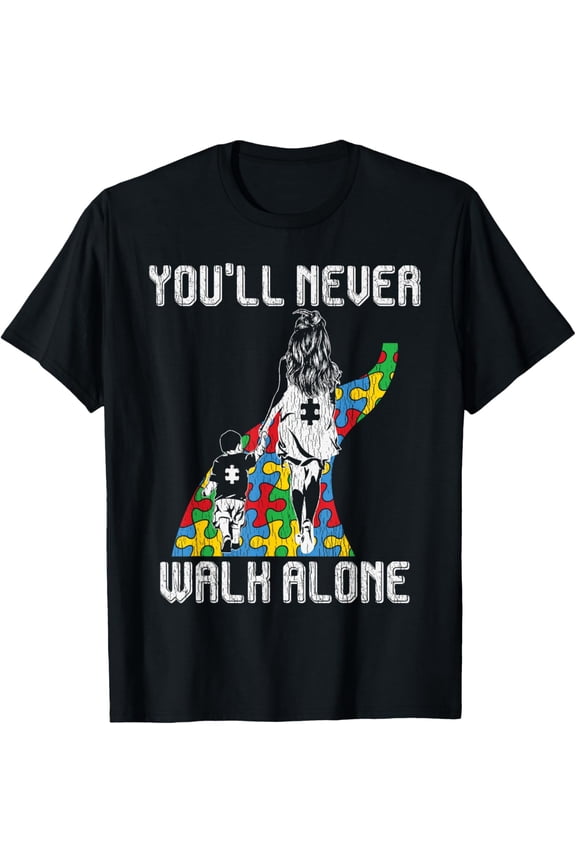 Autism Awareness Mother Son Autistic Kids Boys Autism Mom T-Shirt- Classic Unisex 100% Cotton Crew Neck T-Shirt Regular Fit Breathable Casual Everyday Wear