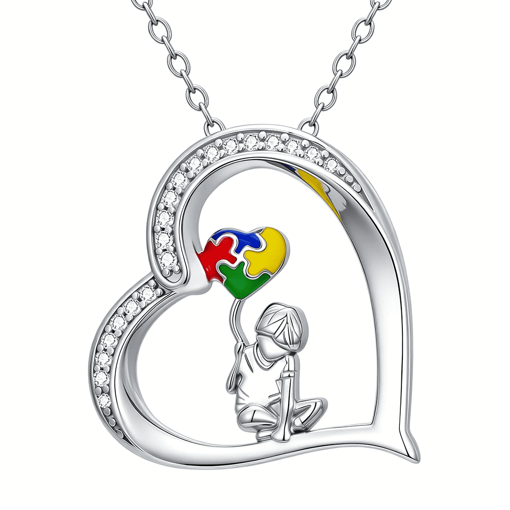 Autism Awareness Necklace 925 Sterling Silver Heart Puzzle Piece Pendant ASD Jewelry Inspirational Gifts for Women Mom