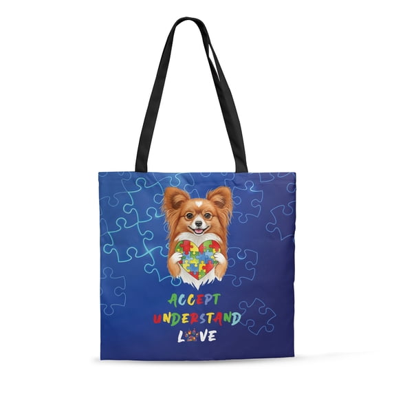 Autism Awareness Papillon Accept Understand Love All Over Print 3D Canvas Tote Bag Pap Butterfly Dog Lover Reusable Handbag - 12003
