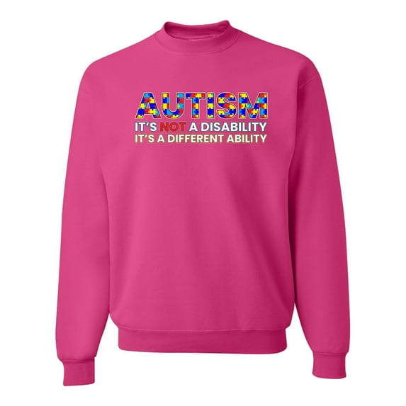 Autism Awareness Puzzle | Autism Is Not A Disablity It’s A Different Abilty Inspirational Christian Unisex Crewneck Graphic Sweatshirt, Fuschia, Medium
