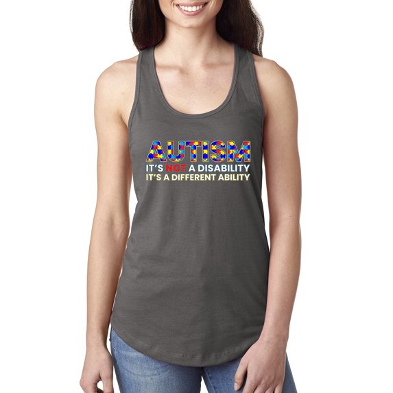 Autism Awareness Puzzle | Autism Is Not A Disablity It’s A Different Abilty Inspirational Christian Ladies Racerback Tank Top, Dark Grey, Small