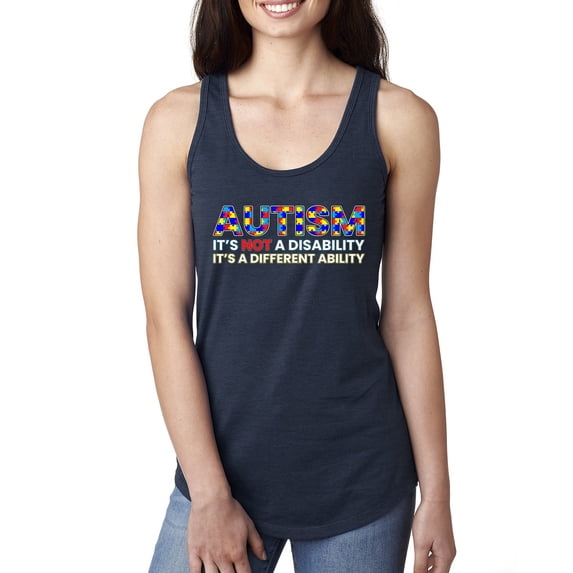 Autism Awareness Puzzle | Autism Is Not A Disablity It’s A Different Abilty Inspirational Christian Ladies Racerback Tank Top, Navy, Medium