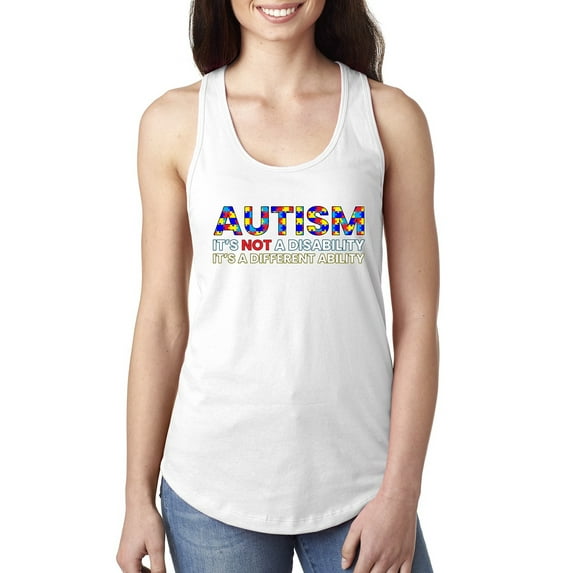 Autism Awareness Puzzle | Autism Is Not A Disablity It’s A Different Abilty Inspirational Christian Ladies Racerback Tank Top, White, Large