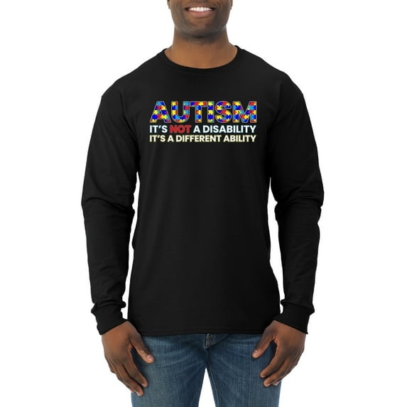 Autism Awareness Puzzle | Autism Is Not A Disablity It's A Different Abilty Inspirational Christian Mens Long Sleeve Shirt, Black, Large