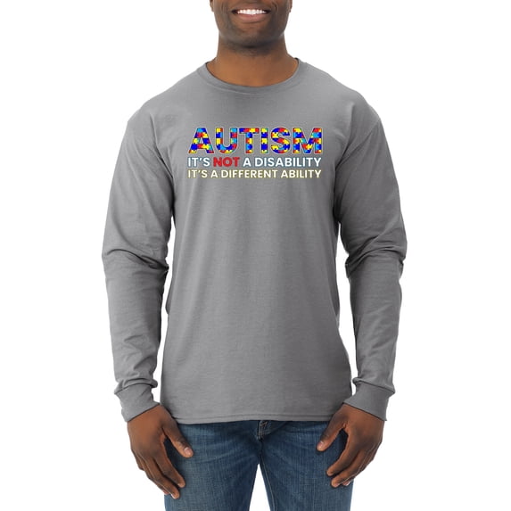 Autism Awareness Puzzle | Autism Is Not A Disablity It's A Different Abilty Inspirational Christian Mens Long Sleeve Shirt, Heather Grey, Large