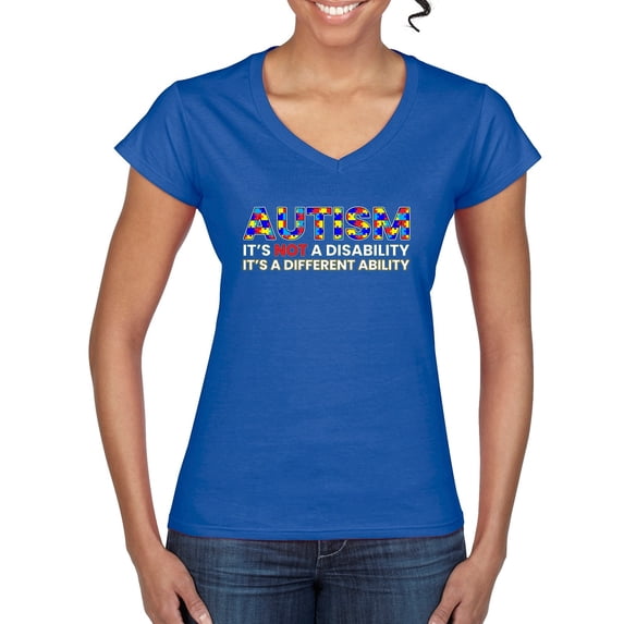 Autism Awareness Puzzle | Autism Is Not A Disablity It’s A Different Abilty Inspirational Christian Women’s Standard V-Neck Tee, Royal, Large