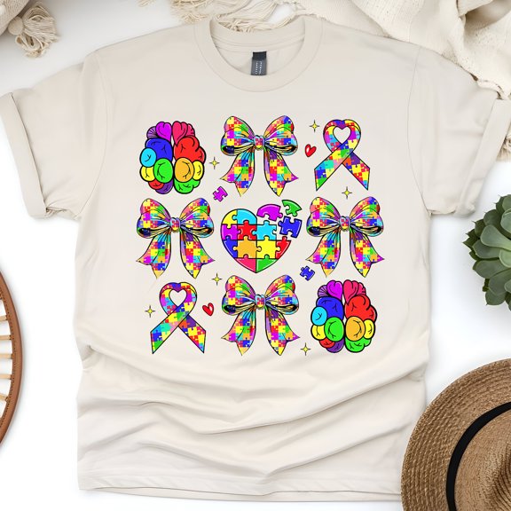 Autism Awareness Puzzle Bow Shirt – Colorful Heart Brain & Ribbon Tee, Natural, Size 3XL