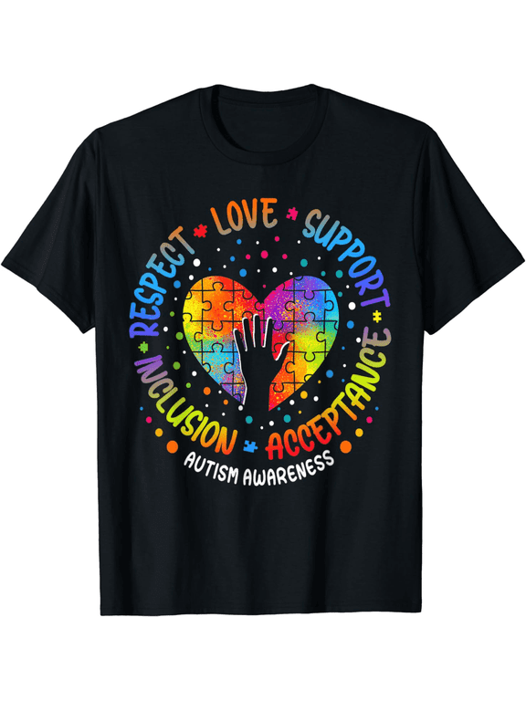 Autism Awareness Puzzle Heart Graphic Tee - Respect Love Support Inclusion Acceptance Neurodiversity Support Shirt for Men and Women - Colorful Rainbow Puzzle Piece Design