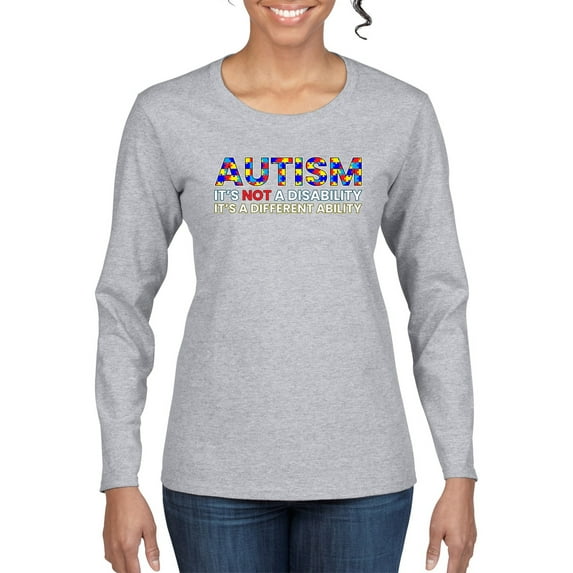 Autism Awareness Puzzle | Autism Is Not A Disablity It’s A Different Abilty Inspirational Christian Womens Graphic Long Sleeve T-Shirt, Heather Grey, Medium