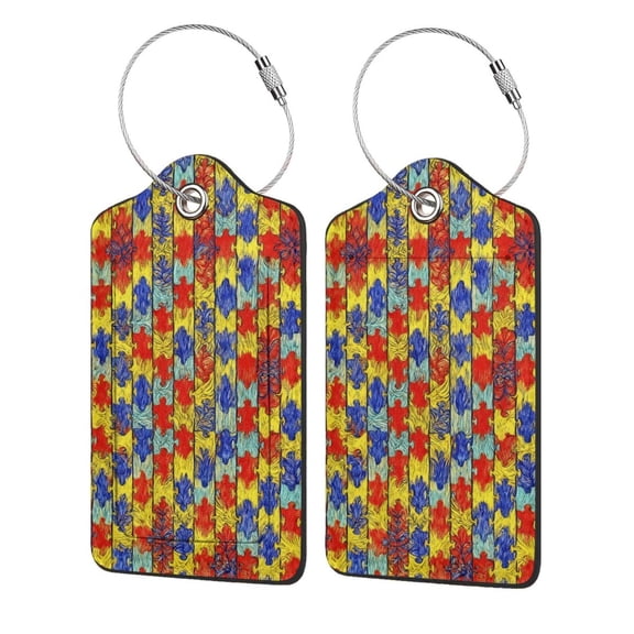 Autism Awareness Puzzle Piece Art PU Leather Suitcase Tag with Stainless Steel Loop and Address Card for Baggage Tag 1 PCS