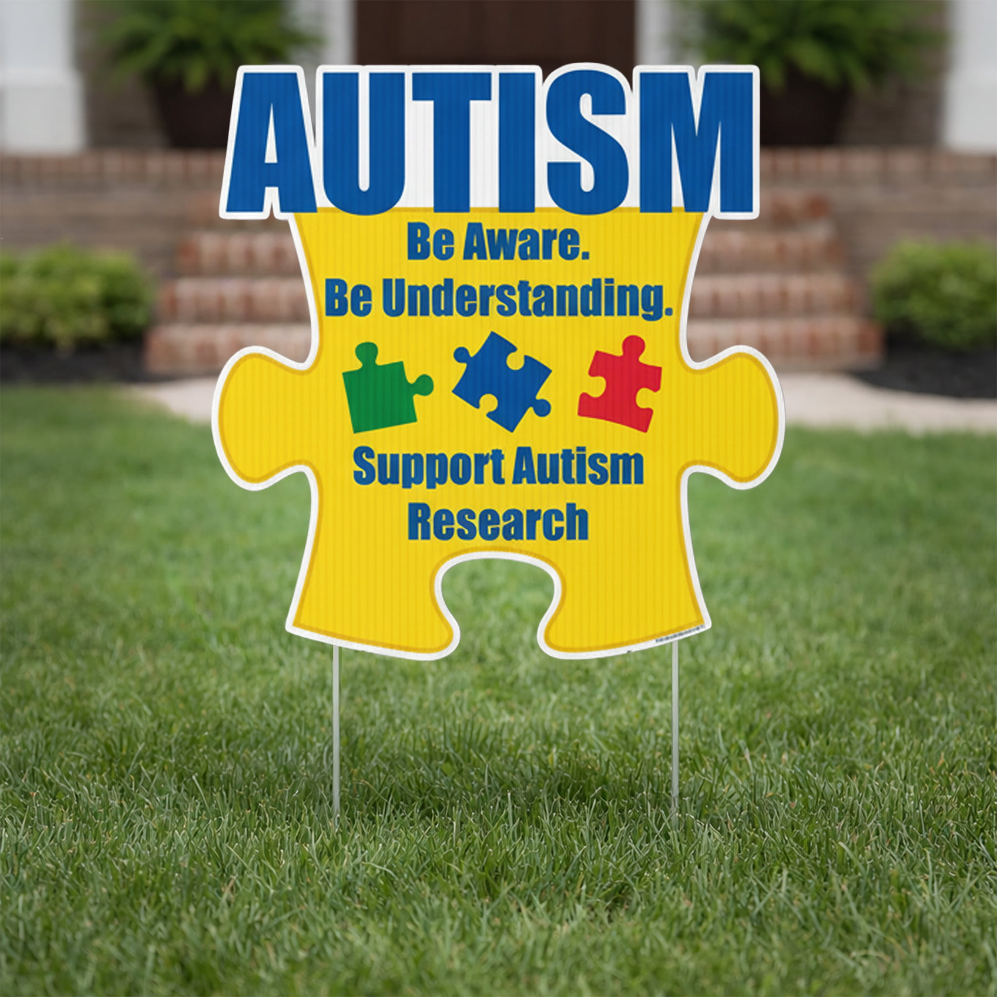 Autism Awareness Puzzle Piece Yard Sign, 21" x 21.5" Outdoor Lawn Decoration with Stakes, Weatherproof Corrugated Plastic, “Be Aware Be Understanding” Support Sign
