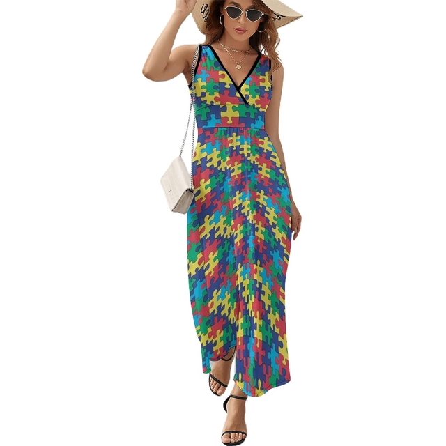 Autism Awareness Puzzle Piece Women's Maxi Dress Summer V Neck