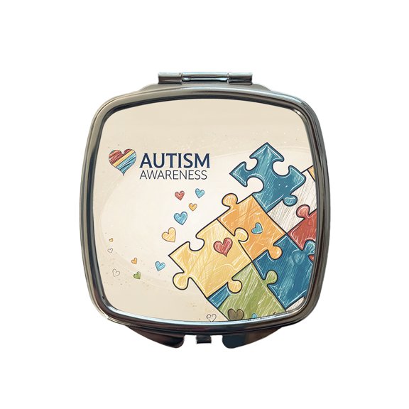 Autism Awareness Puzzle Pieces Heart Travel Makeup Handbag Purse Small Pocket Compact Mirror