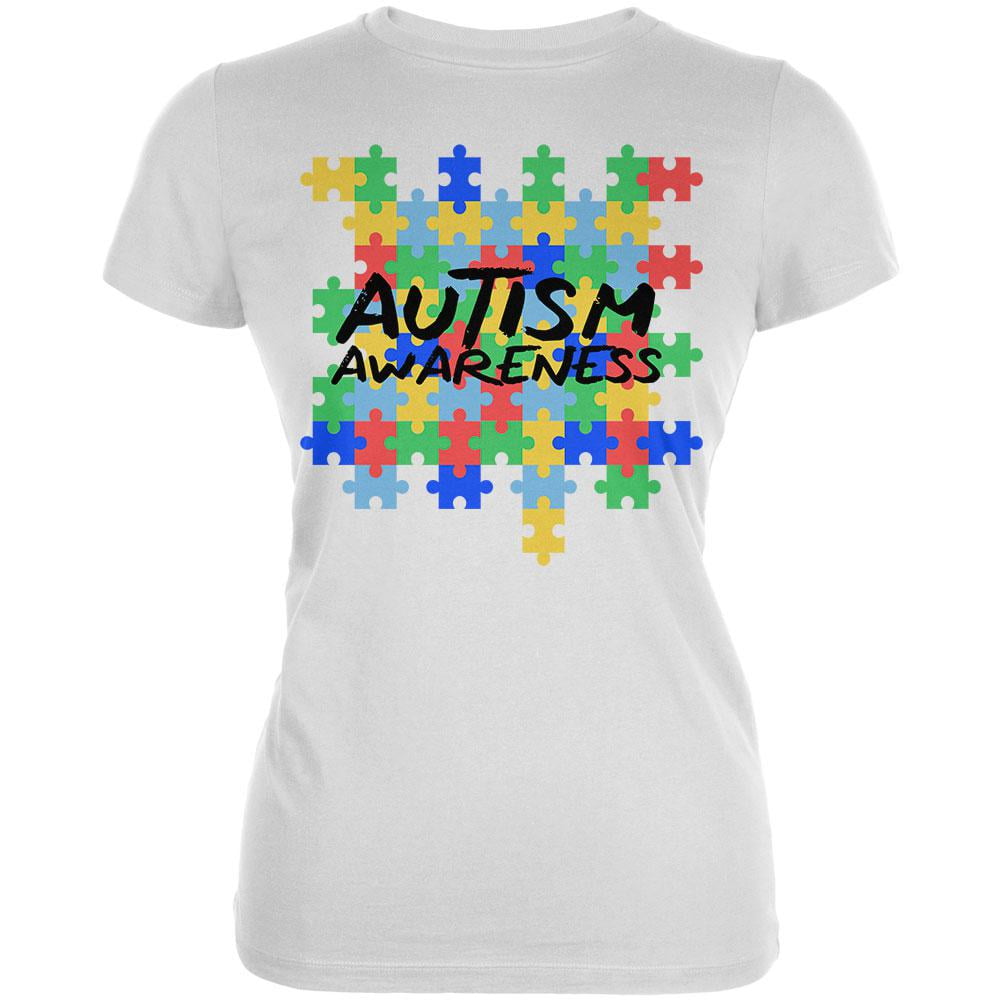 Autism Awareness Puzzle Pieces Juniors Soft T Shirt White LG