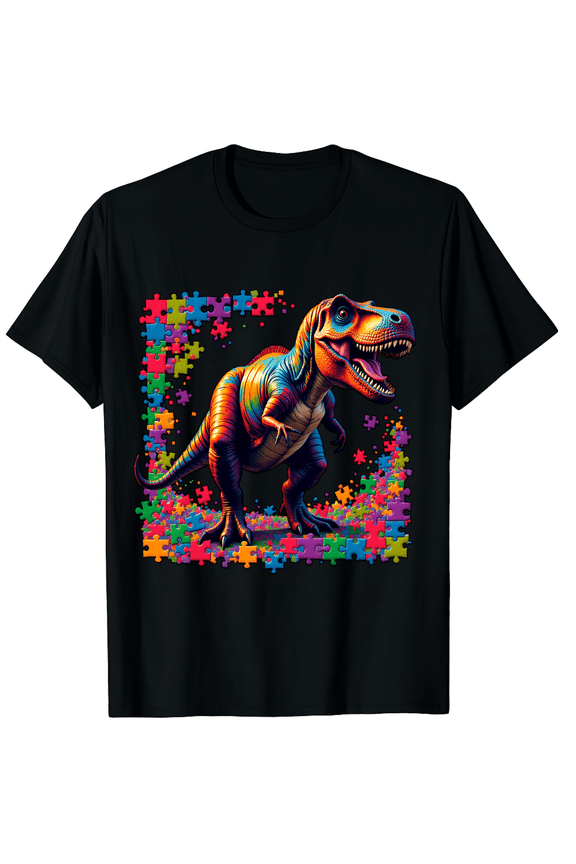 Autism Awareness Realistic T-Rex Puzzle Frame Short Sleeve T-Shirt for Women Men Dinosaur Lover