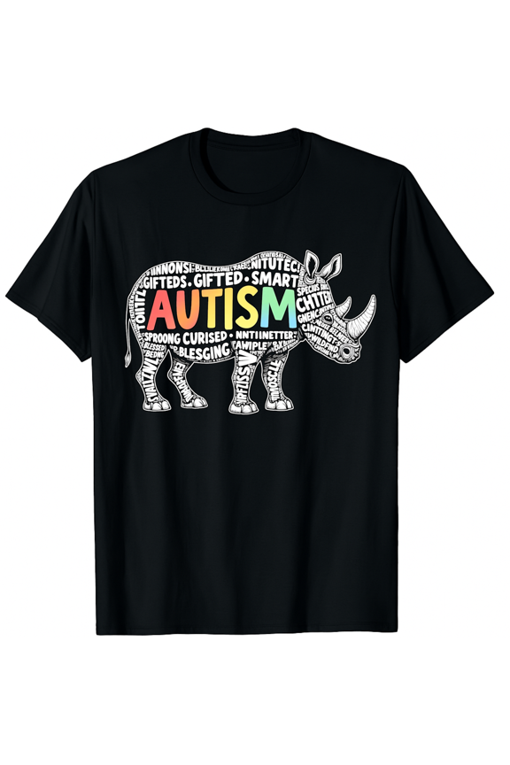 Autism Awareness Rhino Word Cloud Colorful Graphic Short Sleeve T-Shirt for Women Men Support