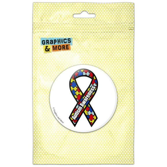 Autism Awareness Ribbon on White Pinback Button Pin Badge