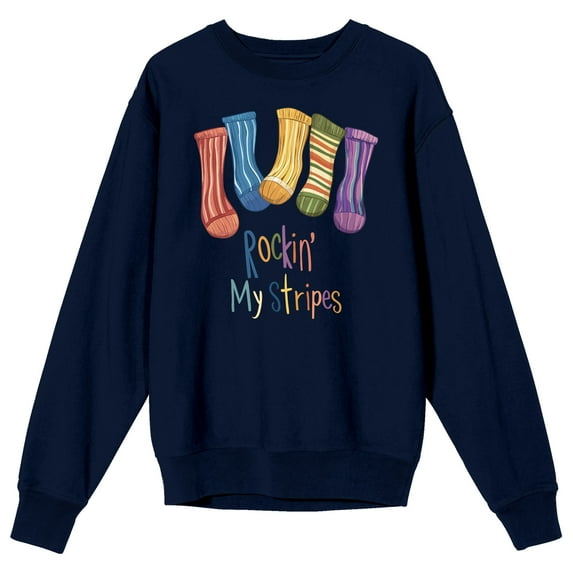 Autism Awareness Rockin' My Stripes Adult Navy Crew Neck Long Sleeve Sweatshirt-Medium