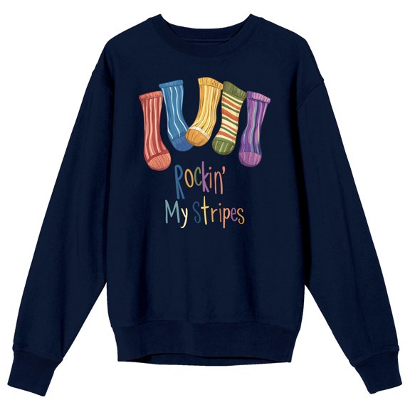 Autism Awareness Rockin' My Stripes Adult Navy Crew Neck Long Sleeve Sweatshirt-XXL