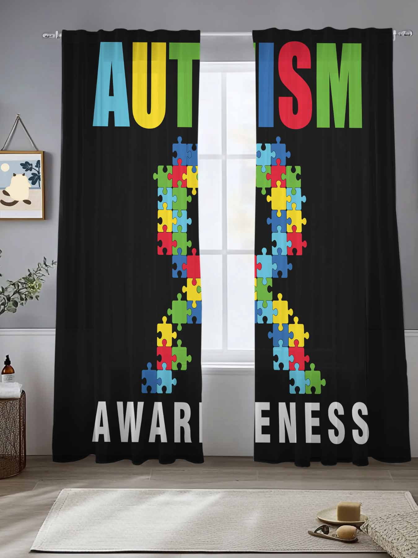 Autism Awareness Sheer Curtains 108 Inches Long 2 Panels Colorful ...