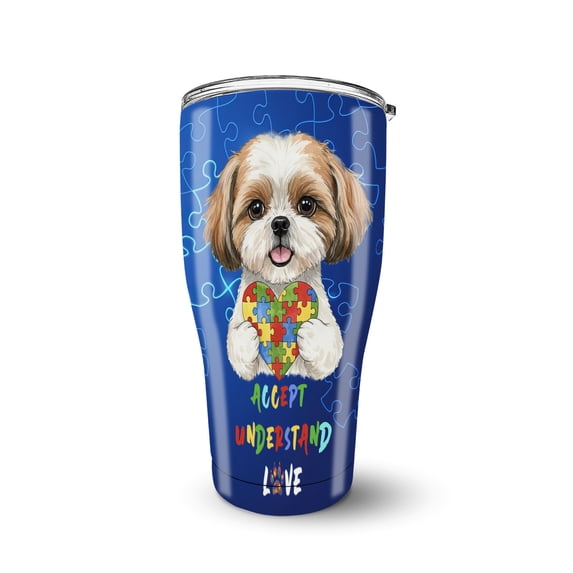 Autism Awareness Shih Tzu Accept Understand Love 30oz Stainless Steel Tumbler Insulated Cup with Lid Lion Dog Lover Gifts - 12003