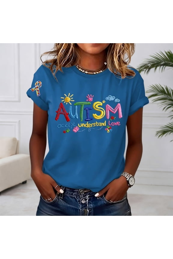 Autism Awareness Shirt Autism Accept Understand Love Round Neck Short Sleeves T-shirt for Women Blue M