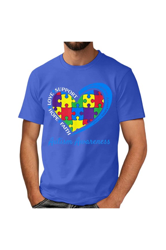 Autism Awareness Shirt Men: Autism Acceptance T Shirt Autism Support Inspirational Short Sleeve Tee Tops(Blue,XXL)
