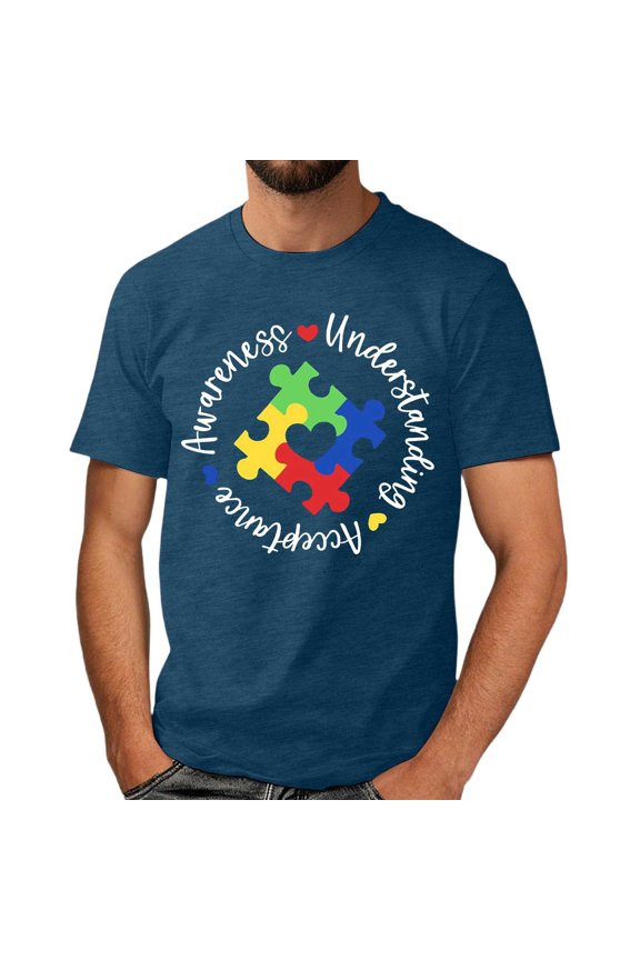Autism Awareness Shirt Men: Autism Acceptance T Shirt Autism Support Inspirational Short Sleeve Tee Tops(Dark Blue,S)