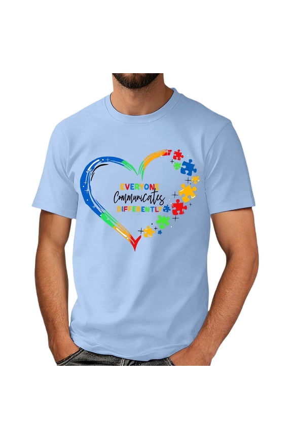 Autism Awareness Shirt Men: Autism Acceptance T Shirt Autism Support Inspirational Short Sleeve Tee Tops(Light Blue,XXL)
