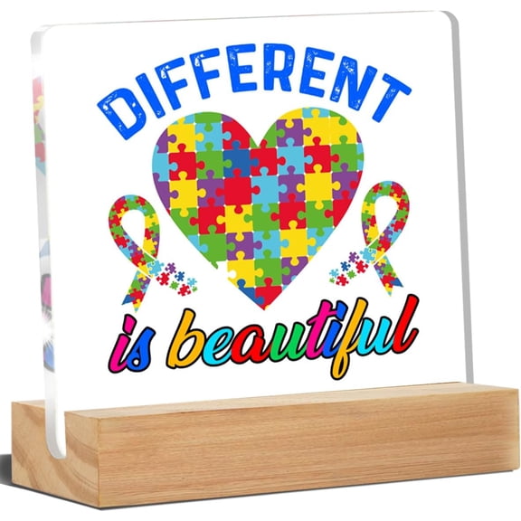 Autism Awareness Sign, Autism Desk Decor Different Is Beautiful Acrylic Desk Plaque Sign Home Office Bedroom Classroom Decoration 4x4 Inch
